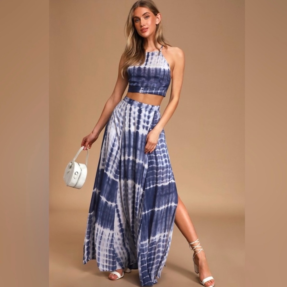 Lulus Blue And White Tie-Dye Two-Piece Maxi Dress Set Size Small